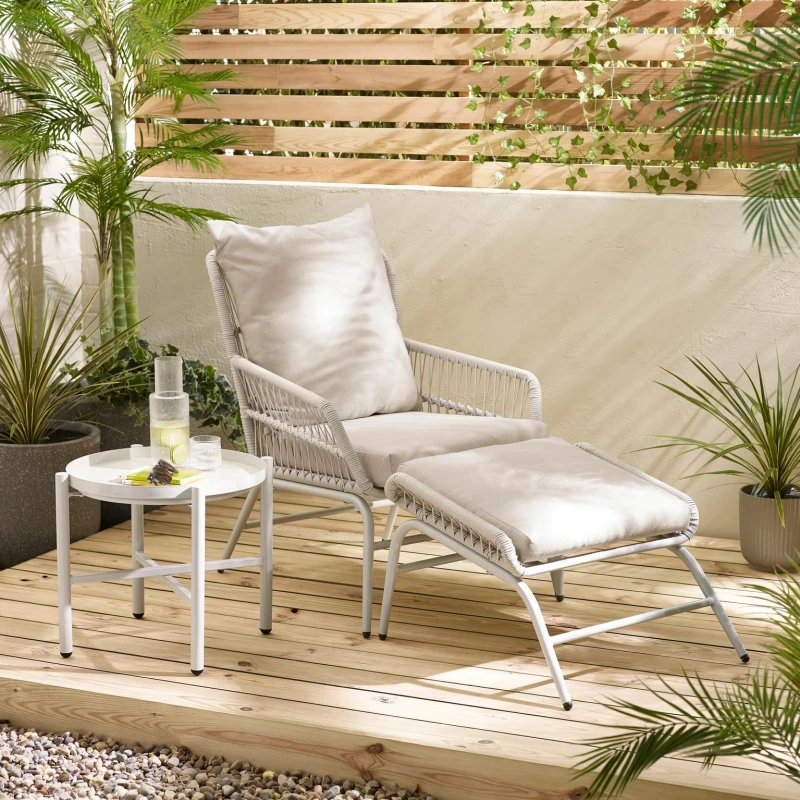 Image of FurnitureboxUK FurnitureboxUK Lyon Metal Outdoor Chair & Footstool + Side Table in Cream Cream One Size Unisex 5061064385422