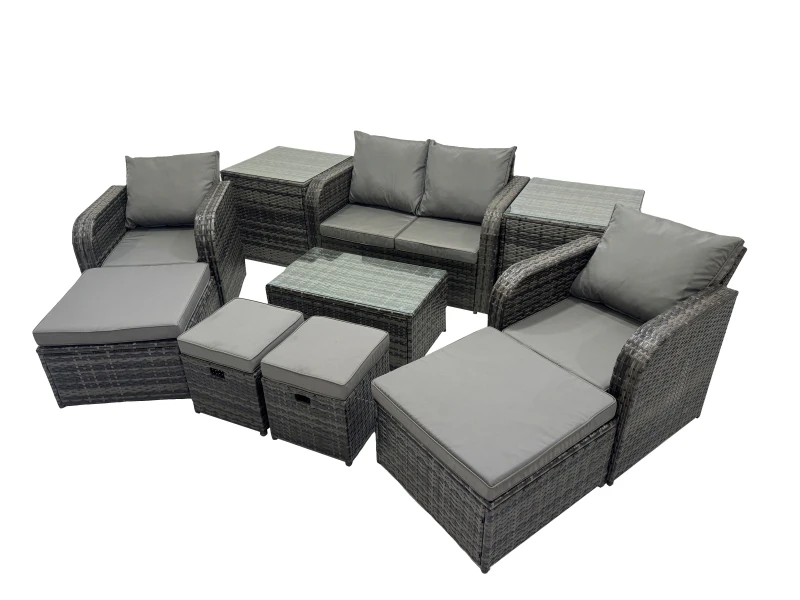 Image of Fimous Garden Rattan Furniture Set 8 Seater with 4 Stools 2 Side Tables in Dark Grey Dark Grey Unisex