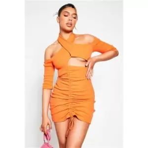 Image of I Saw It First Orange Recycled Ribbed Ruched Side Mini Skirt - Orange