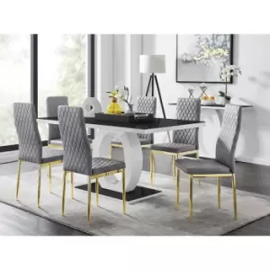 Image of Furniturebox UK - Furniturebox Giovani 6 Black Dining Table & 6 Grey Milan Velvet Dining Chairs With Gold Legs Diamond Stitch Modern Contemporary