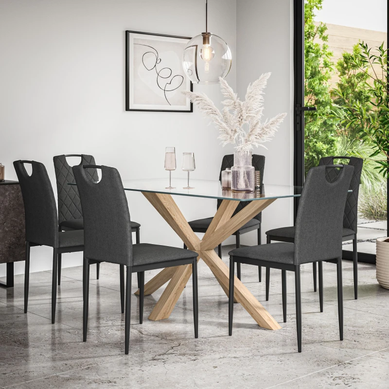 Image of More4Homes Etta Glass Dining Table And Chairs - Glass Top W Solid Oak Legs + Monza Fabric Dining Chair Set Of 6 (Charcoal)