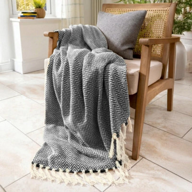 Image of Allure Bath Fashions Audley Chevron Herringbone Throw Blanket - Charcoal Grey, 125 X 150Cm