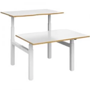 Image of Elev8² Rectangular Sit Stand Back to Back Desk with White & Oak Coloured Melamine Top and White Frame 4 Legs Touch 1200 x 1650 x 675 - 1300 mm
