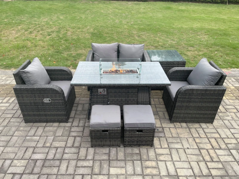 Image of Fimous Rattan Garden Furniture Set Outdoor Patio Gas Fire Pit Dining Table and Chairs with Side Table Love seat Sofa 2 Small Footstools Dark Grey