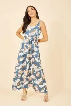 Image of Blue Satin Floral Print Maxi Dress