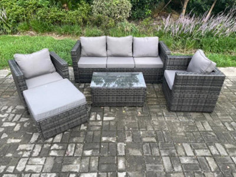 Image of Fimous Rattan Garden Furniture Set with Coffee Table 2 Armchairs Big Footstool Indoor Outdoor Patio Lounge Sofa Set Dark Grey