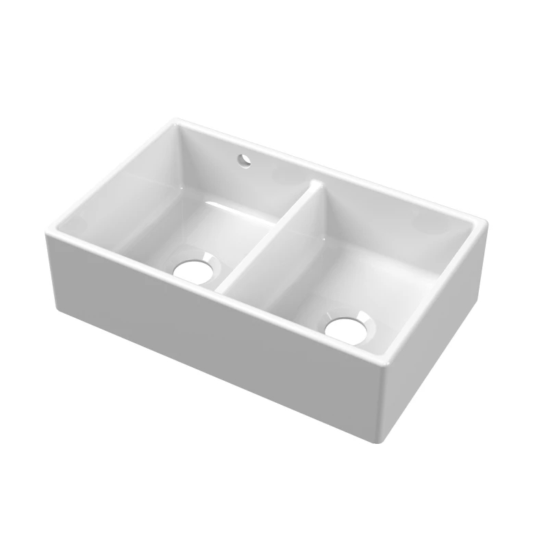 Image of Balterley Fireclay 2 Bowl Butler Sink Stepped Weir 1 Overflow White 795x500mm White
