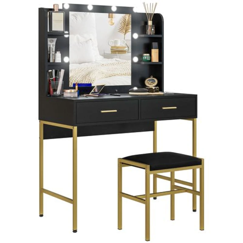 Image of HOMCOM HOMCOM Makeup Vanity Desk Set with Lighted Mirror, Stool, Drawers, Black One Size Unisex 5056725584788