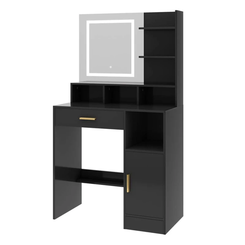 Image of MCC Direct Womens Dressing Table with Adjustable LED Mirror Make up Desk & Storage in Black Female