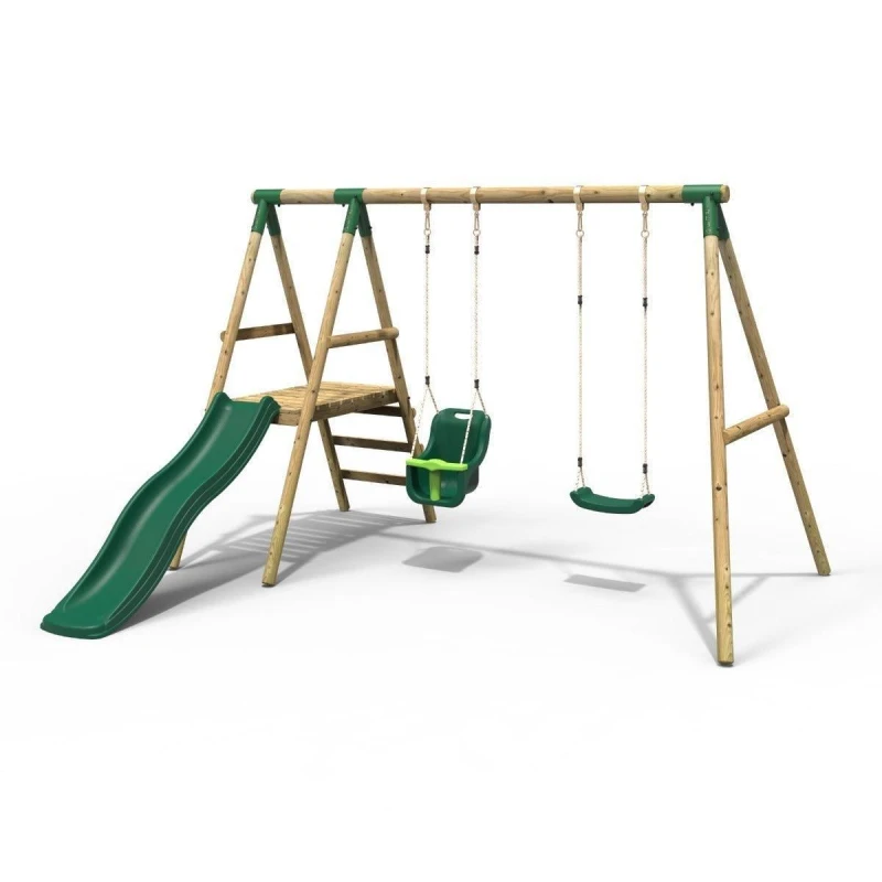 Image of Rebo Wooden Swing Set with Slide - Odyssey Green Green