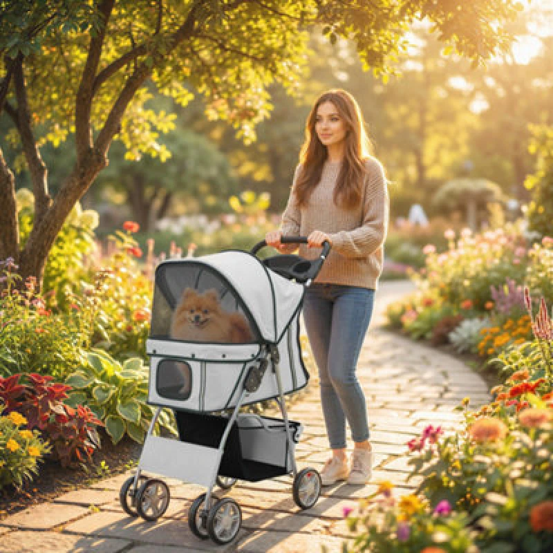 Image of Pawhut Pet Stroller Carrier Foldable Deluxe Walk Travel Dog, Grey