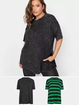 Image of Yours Oversized T-Shirt 2 Pack. Grey Acid/green Jumbo Stripe, Grey, Size 20, Women