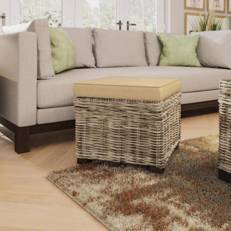 Image of FWStyle Solid Pine Rattan Padded Storage Ottoman Stool Brown