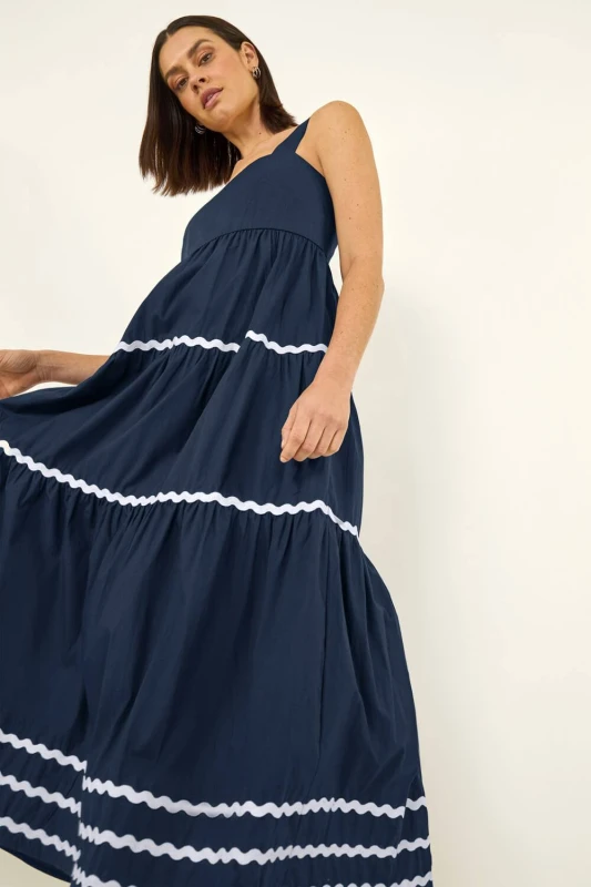 Image of Roman Womens Ric Rac Tiered Midi Dress in Navy Size: 16 Navy Female 16