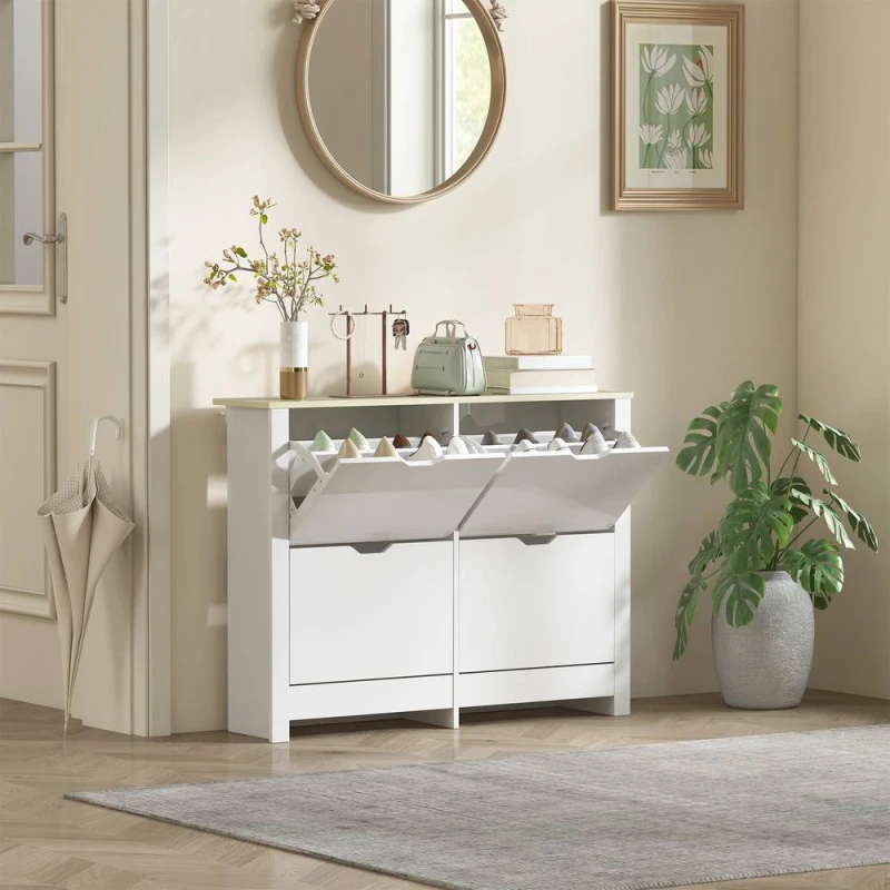 Image of HOMCOM 16-Shoe Storage Cabinet 4 Shelves 4 Drawers Tabletop White White Unisex