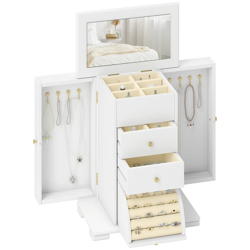 Image of HOMCOM HOMCOM 4-Tier Large Jewellery Box with Mirror and 2 Drawers, White White One Size Unisex 5063603880115