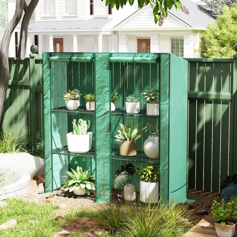 Image of OUTSUNNY 3 Tier Lean-to Mini Greenhouse with Green Hemmed Edging, Green Green Unisex