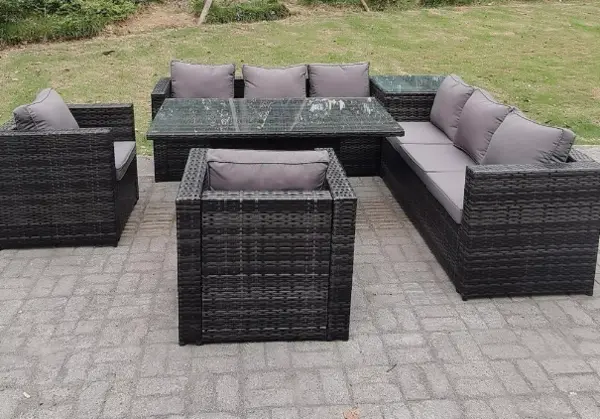 Image of Fimous 8 Seater Outdoor Dark Grey PE Rattan Lounge Complete Sofa Set with Rising Adjustable Dining Table and High Side Coffee Table