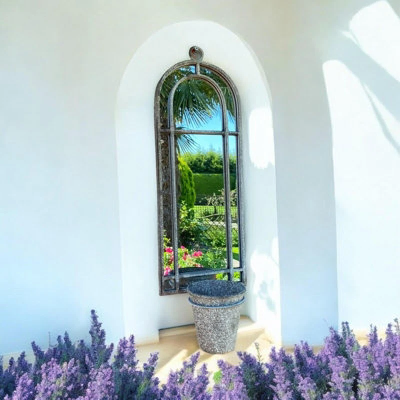 Image of Minster Wall Mirror With Single Planter - Distressed Metal - L15 X W20 X H65 Cm