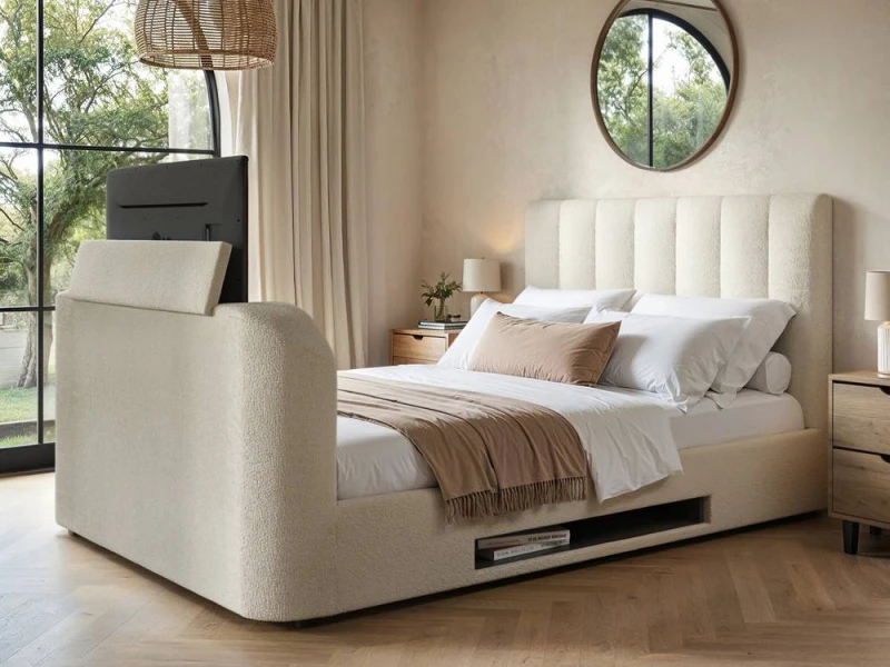 Image of Flair Megane Boucle Side Lift TV Ottoman Bed in Cream Size: Double Cream Unisex Double