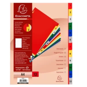 Image of Exacompta Indices PP Dividers A4, 12 Part 1-12, Coloured Tabs, White, Pack of 20