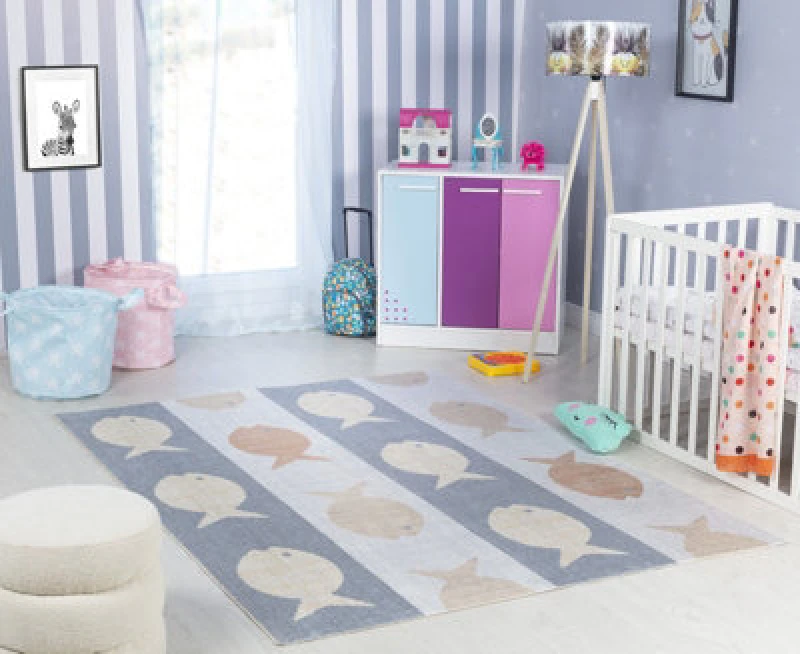 Image of Livabliss Kids Machine Washable Beige/grey/orange Bedroom Aquafiesta Area Rug 120 X 170 Cm - Easy Care, Soft & Safe Rug For Kids Spaces