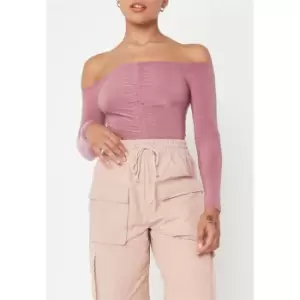 Image of Missguided Off Shoulder Ruched Slinky Bodysuit - Pink