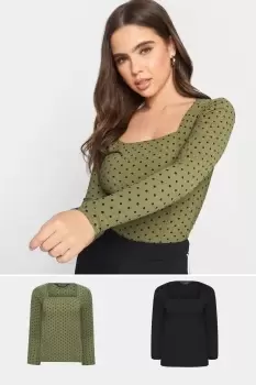Image of Petite 2 Pack Square Neck Spot Print Long Sleeve Tops