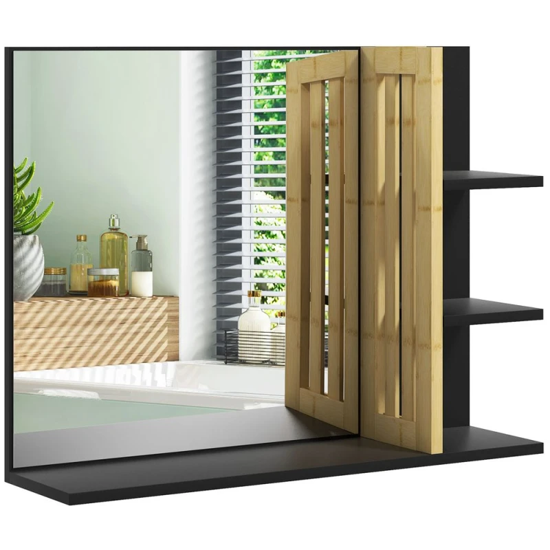 Image of HOMCOM Modern Wall Mounted Bathroom Mirror with 4 Storage Open Shelves Black Black