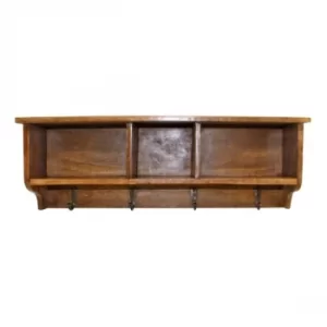 Image of Mango Wood Wall Shelf With Storage Slots & 4 Hooks