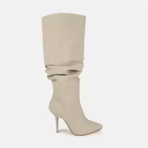 Image of Missguided Faux Suede Ruched Knee High Heeled Boot - Neutral