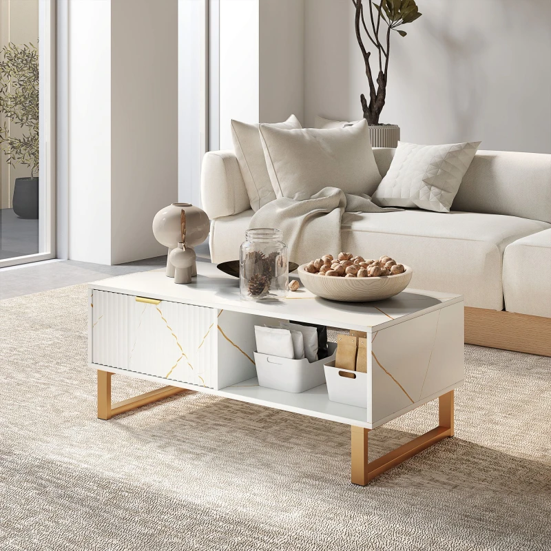 Image of HOMCOM Coffee Table, Living Room Table with Drawer and Open Shelves White