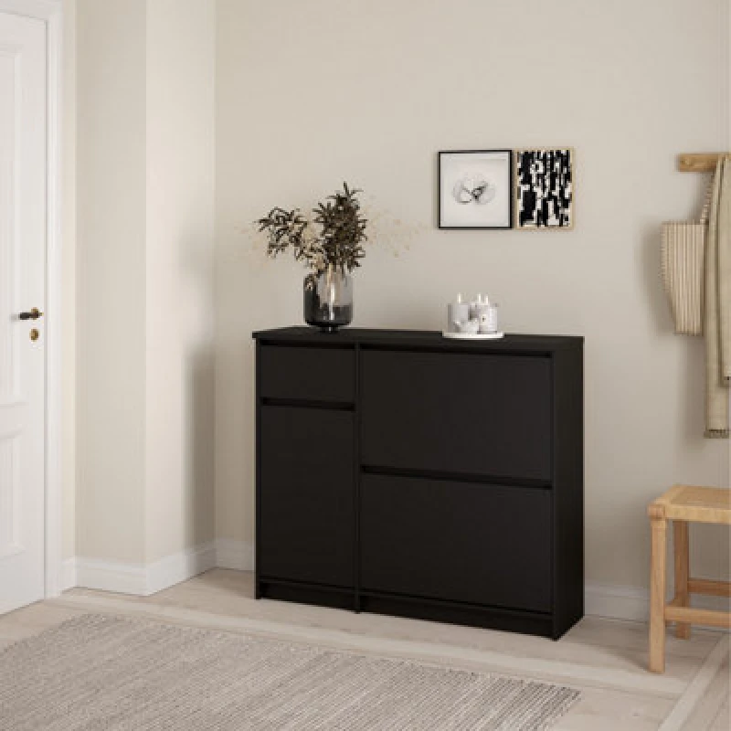 Image of Furniture To Go Naia Shoe Cabinet With 2 Flip Down Doors 1 Door And 1 Drawer In Black Matt (W) 108.9 X (H) 92.9 X (D) 31.5Cm