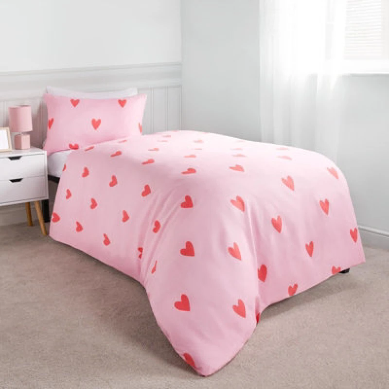 Image of OHS OHS Gingham Duvet Cover Bedding Set Microfibre Quilt Pillowcase Heart Check in Pink Size: Single Pink Single Unisex 5027434200214
