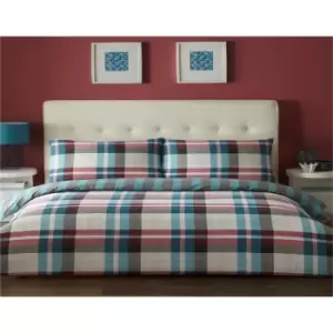 Image of Bedmaker - Chequered Teal Single Quilt Duvet Cover Set Bedding Bed Set Checked - Red