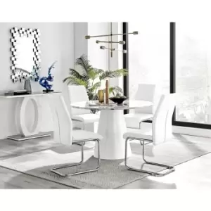 Image of Furniturebox Palma White Marble Effect 120cm Round Minimalist Dining Table & 4 White Lorenzo Silver Leg Faux Leather Chairs