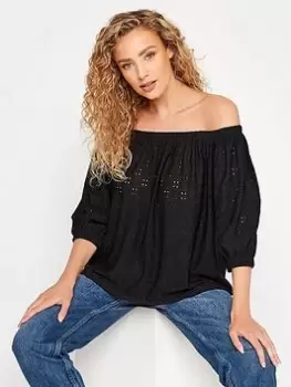 Image of Long Tall Sally Black Broiderie Bardot Top, Black, Size 12, Women