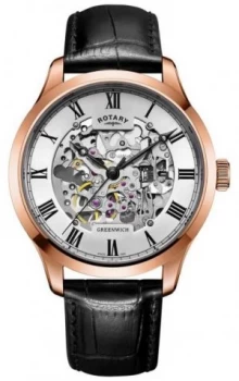 Image of Rotary Mens Skeleton Automatic Rose Gold Brown Strap GS02942 Watch