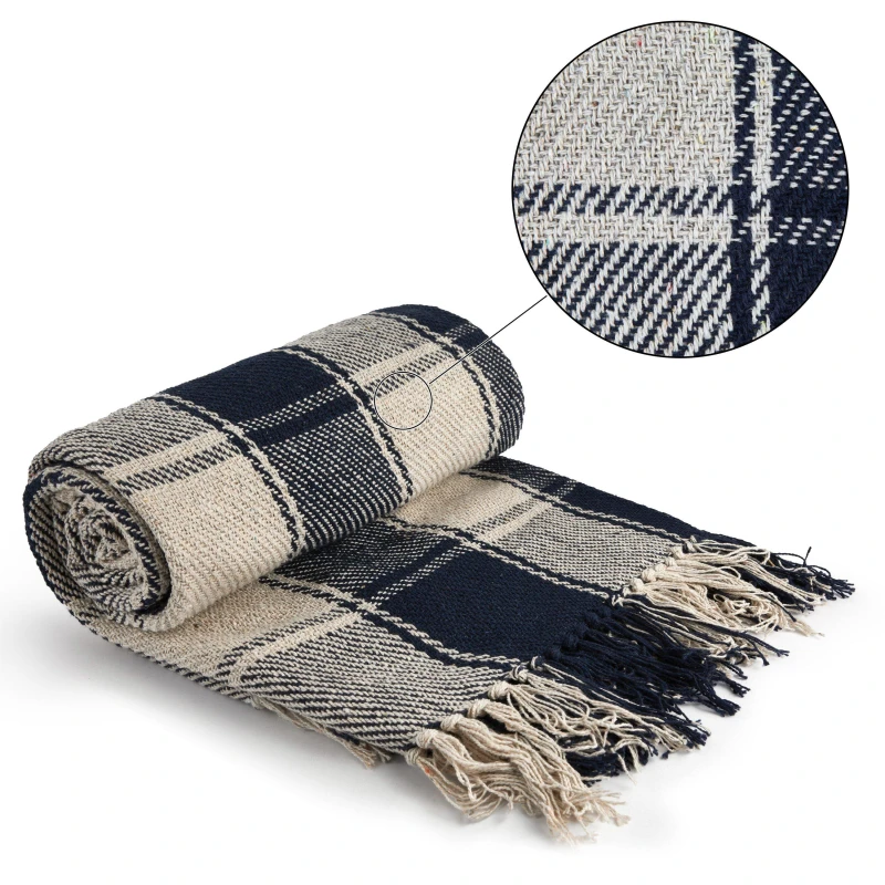 Image of Emma Barclay Throw Blanket Cotton Check Design Frisco Navy Blue unisex 178x254cm
