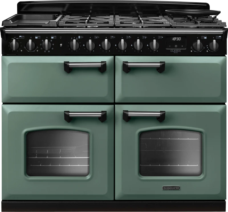 Image of Rangemaster Classic Deluxe CLDLB110DFPMGR/CM1 110cm wide Dual Fuel Range Cooker with Gas Hob - Green / Chrome - A Rated