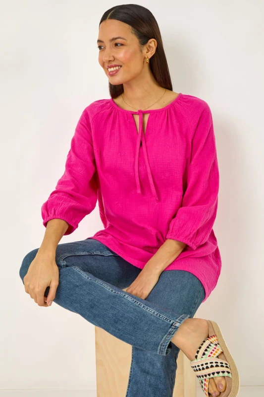 Image of Roman Womens Cotton Tie Neck Tunic Top in Cerise Size: 12 Cerise Female 12