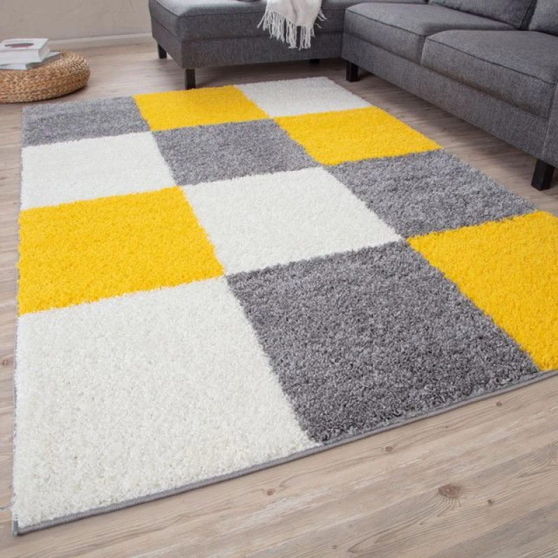Image of THE RUGS Fluffy & Soft Shaggy Rugs Living Room Rug in Yellow - Elegant Geometric Design Carpets For Bedrooms & Kitchen 381 Size: 140cm x 200cm Y