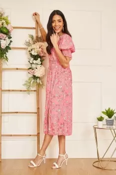 Image of Pink Floral Print Ruched Waist Midi Dress