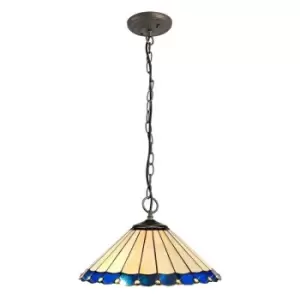 Image of Luminosa Lighting - 3 Light Downlighter Ceiling Pendant E27 With 40cm Tiffany Shade, Blue, Crystal, Aged Antique Brass
