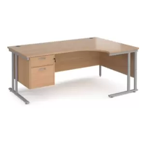 Image of Office Desk Right Hand Corner Desk 1800mm With Pedestal Beech Top With Silver Frame 1200mm Depth Maestro 25 MC18ERP2SB
