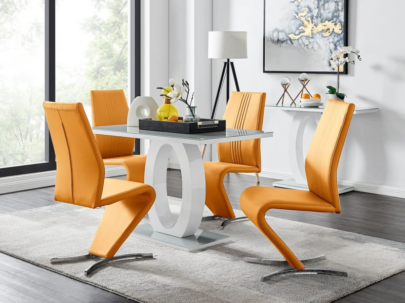 Image of FurnitureboxUK FurnitureboxUK Giovani Grey White Modern High Gloss And Glass Dining Table And 4 Willow Chairs Set in Mustard Mustard One Size Unisex 5