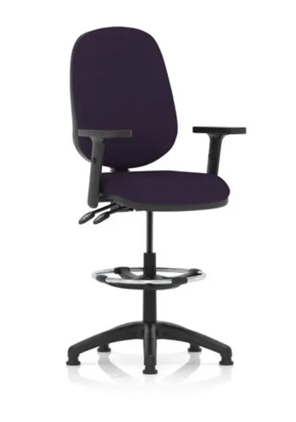 Image of Eclipse II Lever Task Operator Chair Purple Fully Bespoke Colour With Height Adjustable Arms With Hi Rise Draughtsman Kit