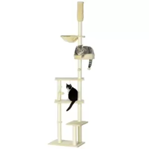 Image of PawHut Floor to Ceiling Cat Tree for Indoor Cats, 6-Tier Play Tower Climbing Activity Center with Scratching Post, Platforms, Bed, Hammock, Adjustable