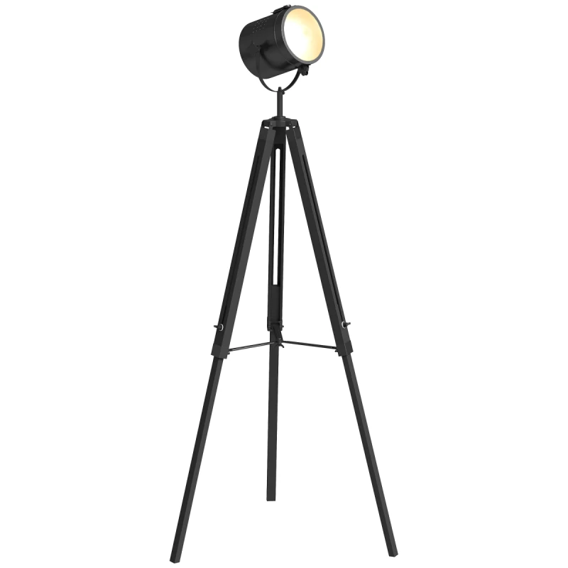 Image of HOMCOM Industrial Tripod Floor Lamp Wood Height Adjustable Spotlight, Black B31-077V70BK