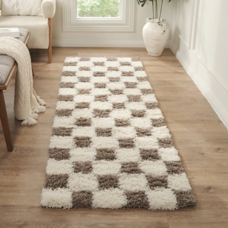 Image of Livabliss Shaggy Modern Plush Pile Brown Checkered Willa Runner Rug 80 X 220 Cm - Easy Care, Ideal For Hallway Or Beside The Bed